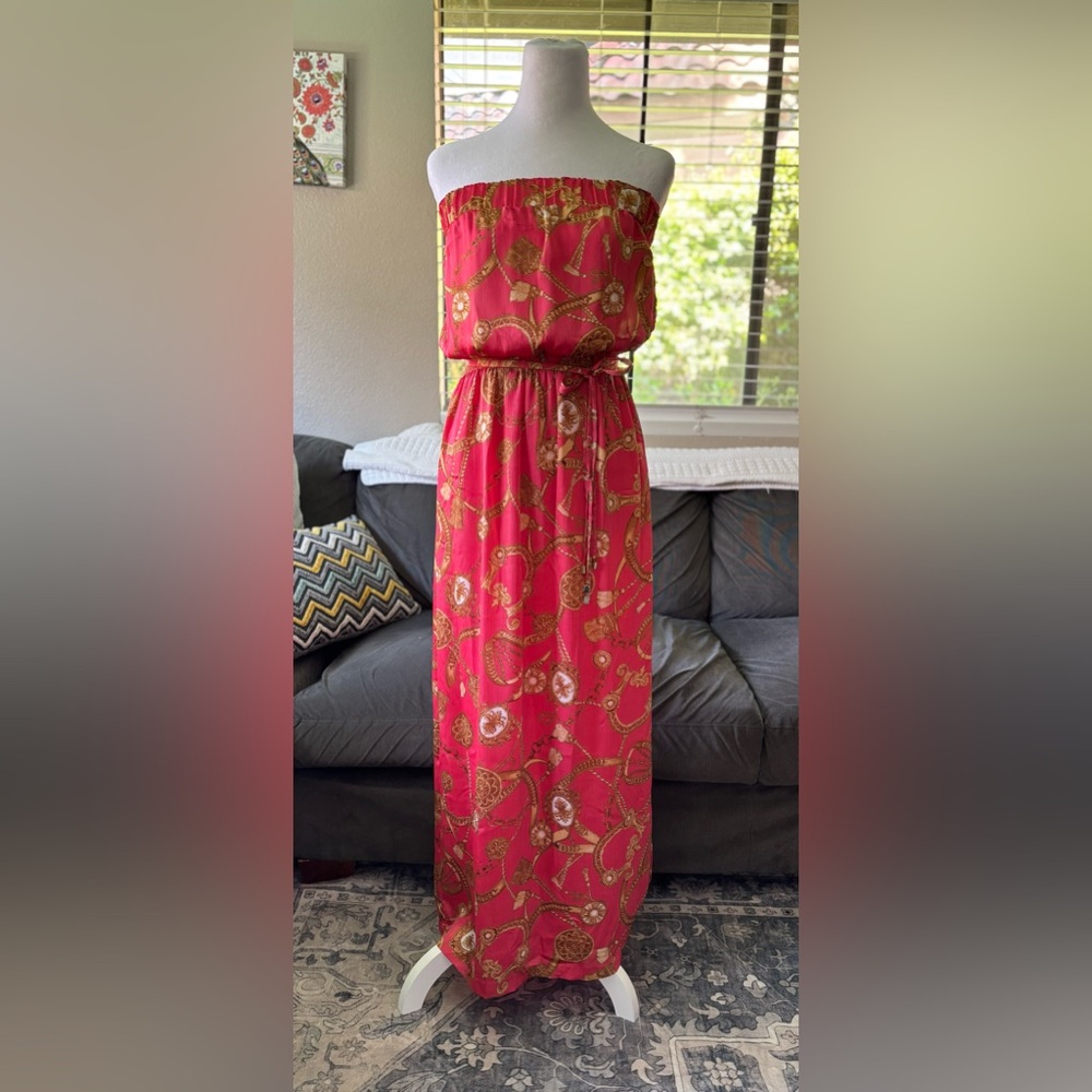 NWT CACHE Maxi Dress SIZE SMALL Coral Gold White Status Print Belted Strapless